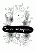 Un chat &eacute;mu parmi des fleurs &agrave; colorier
